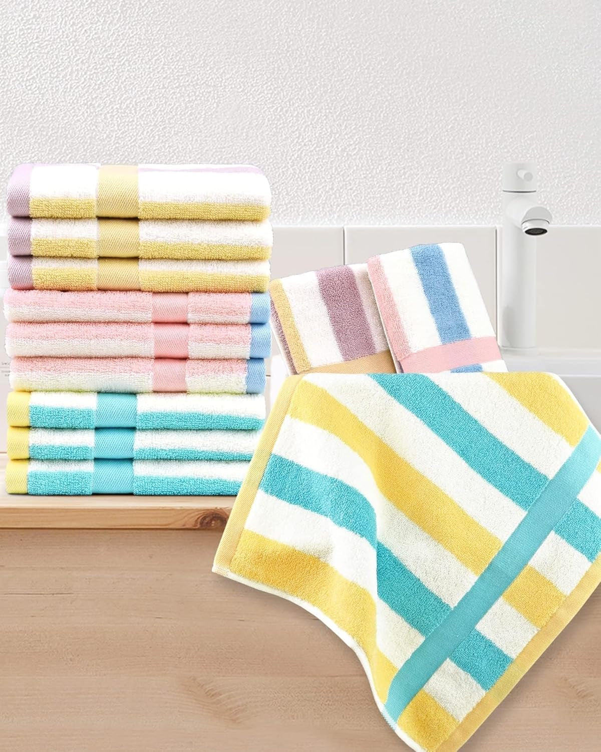 Cotton Striped Washcloths - Set of 12, 13 x 13 Inches, Available in 3 Colors for Face and Body Cleansing