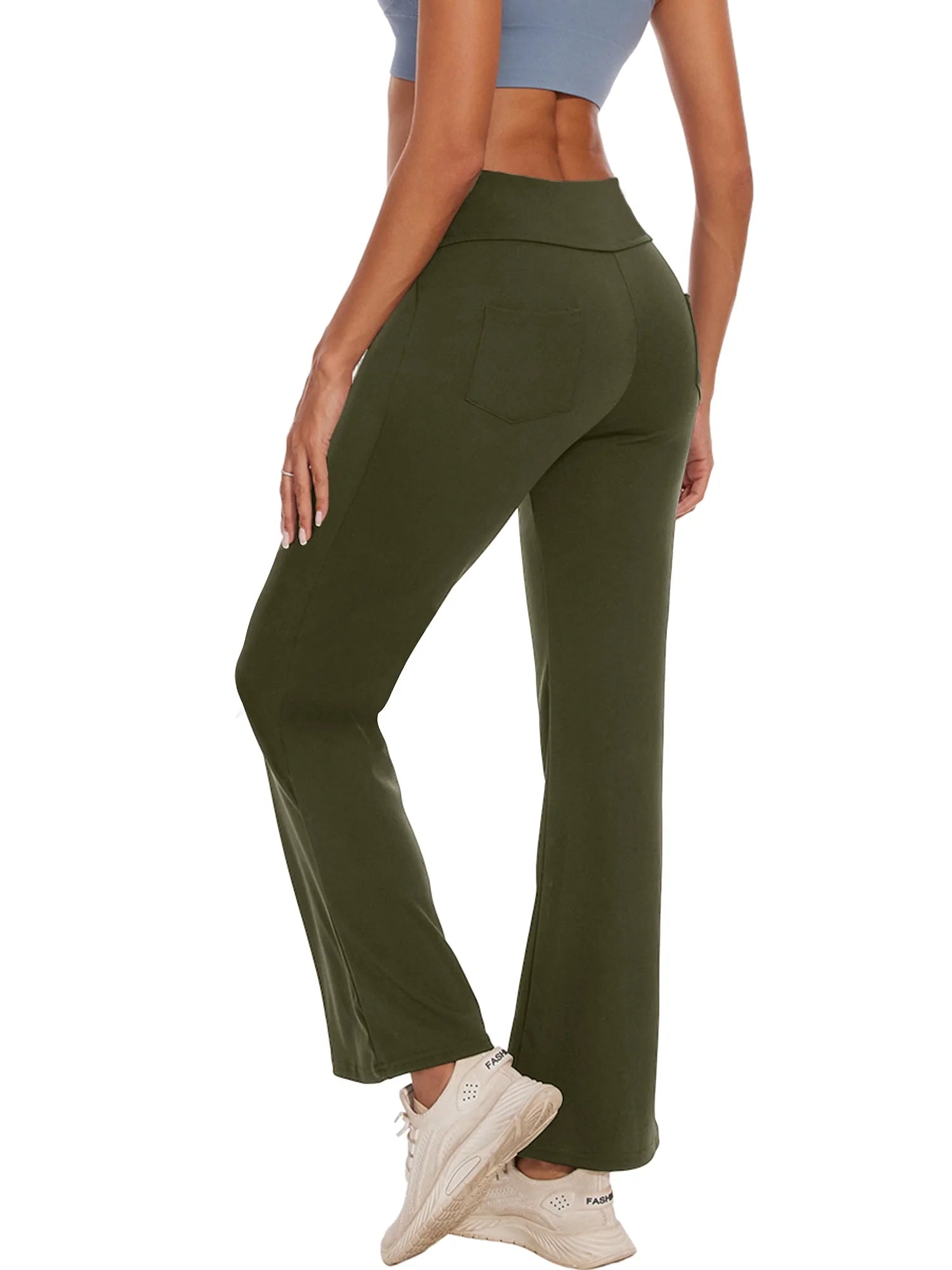 Women Bootcut Yoga Pants with Pockets Female High Waist Bootleg Trousers Workout Activewear Green XL