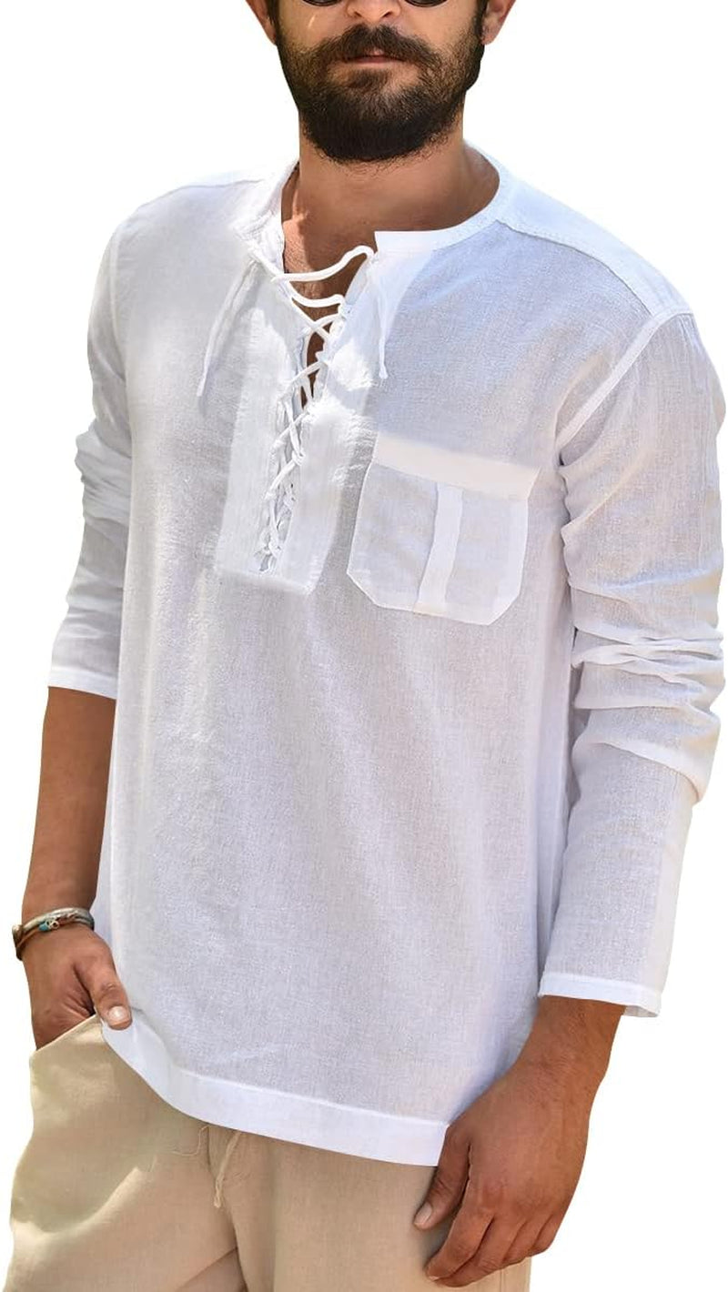 Mens Linen Cotton T Shirts Long Sleeve Casual Beach Hippie Yoga Tees Plain Drawstring Lace-Up Summer Tops White