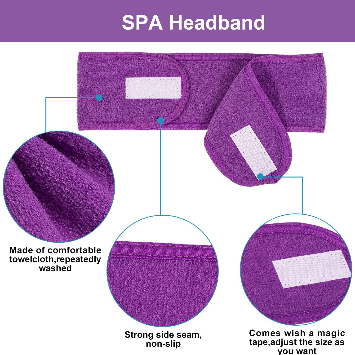 Spa Facial Headband  4 Packs Head Wrap Terry Cloth Headband Adjustable Stretch Towel for Bath, Makeup and Sport (Purple)