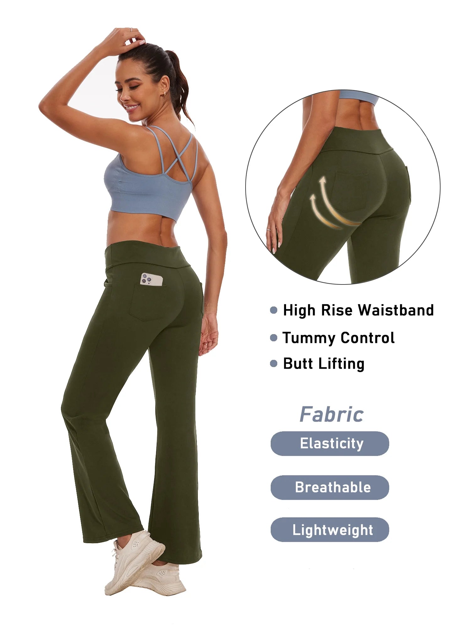 Women Bootcut Yoga Pants with Pockets Female High Waist Bootleg Trousers Workout Activewear Green XL