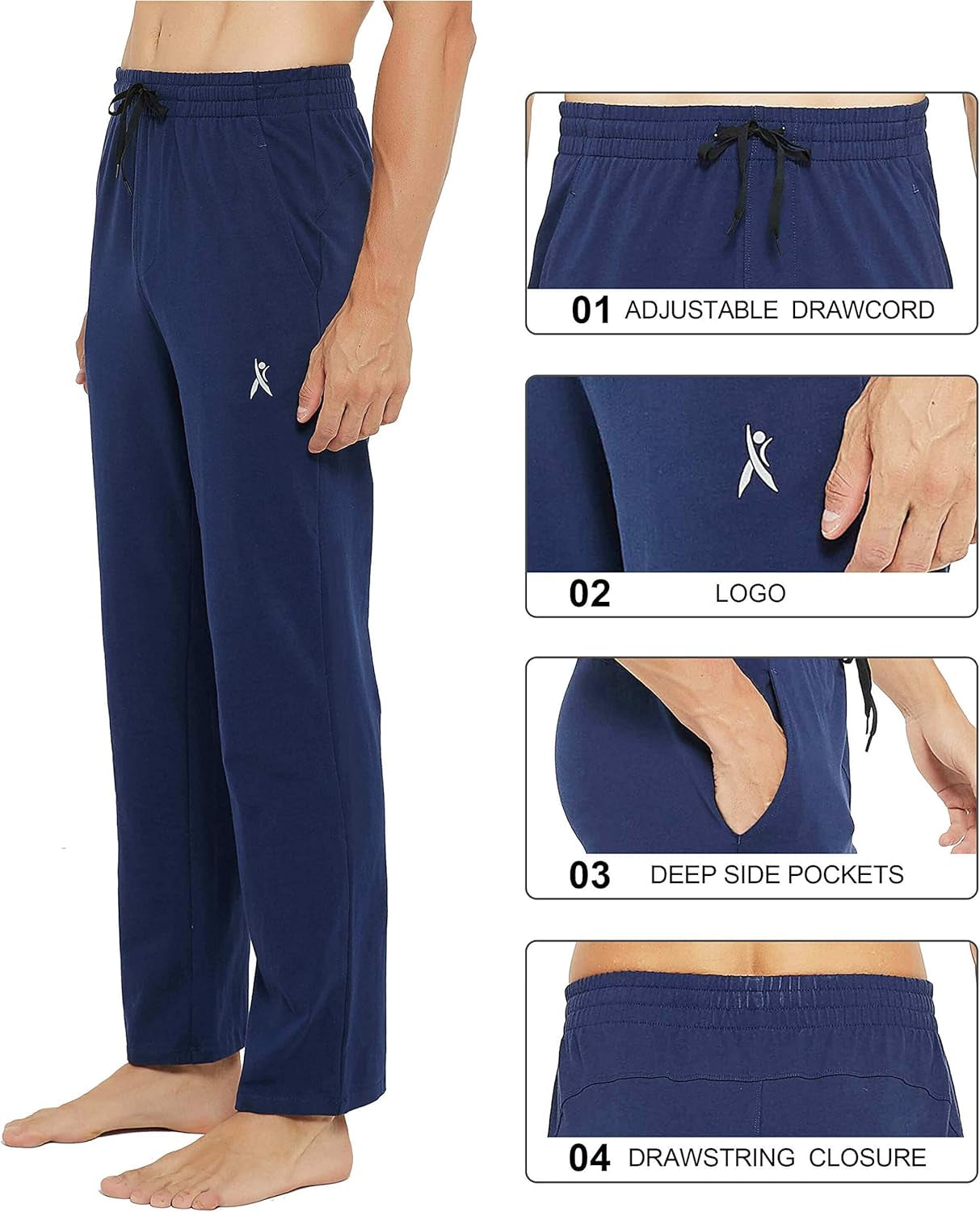 Men's Cotton Yoga Sweatpants with Pockets, Open Bottom Joggers, Lounge Pants - Navy, Size XXL