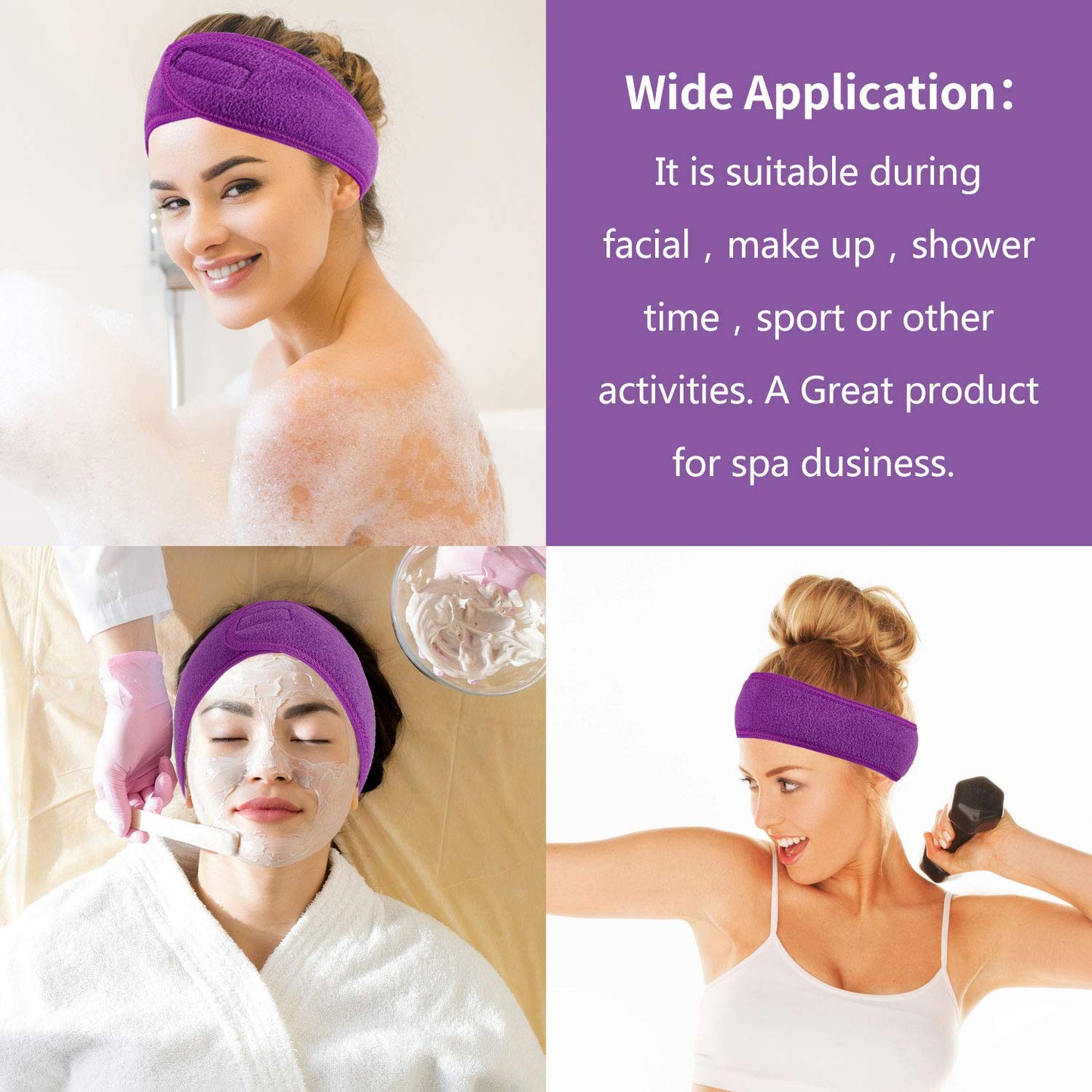 Spa Facial Headband  4 Packs Head Wrap Terry Cloth Headband Adjustable Stretch Towel for Bath, Makeup and Sport (Purple)