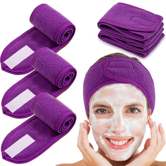 Spa Facial Headband  4 Packs Head Wrap Terry Cloth Headband Adjustable Stretch Towel for Bath, Makeup and Sport (Purple)