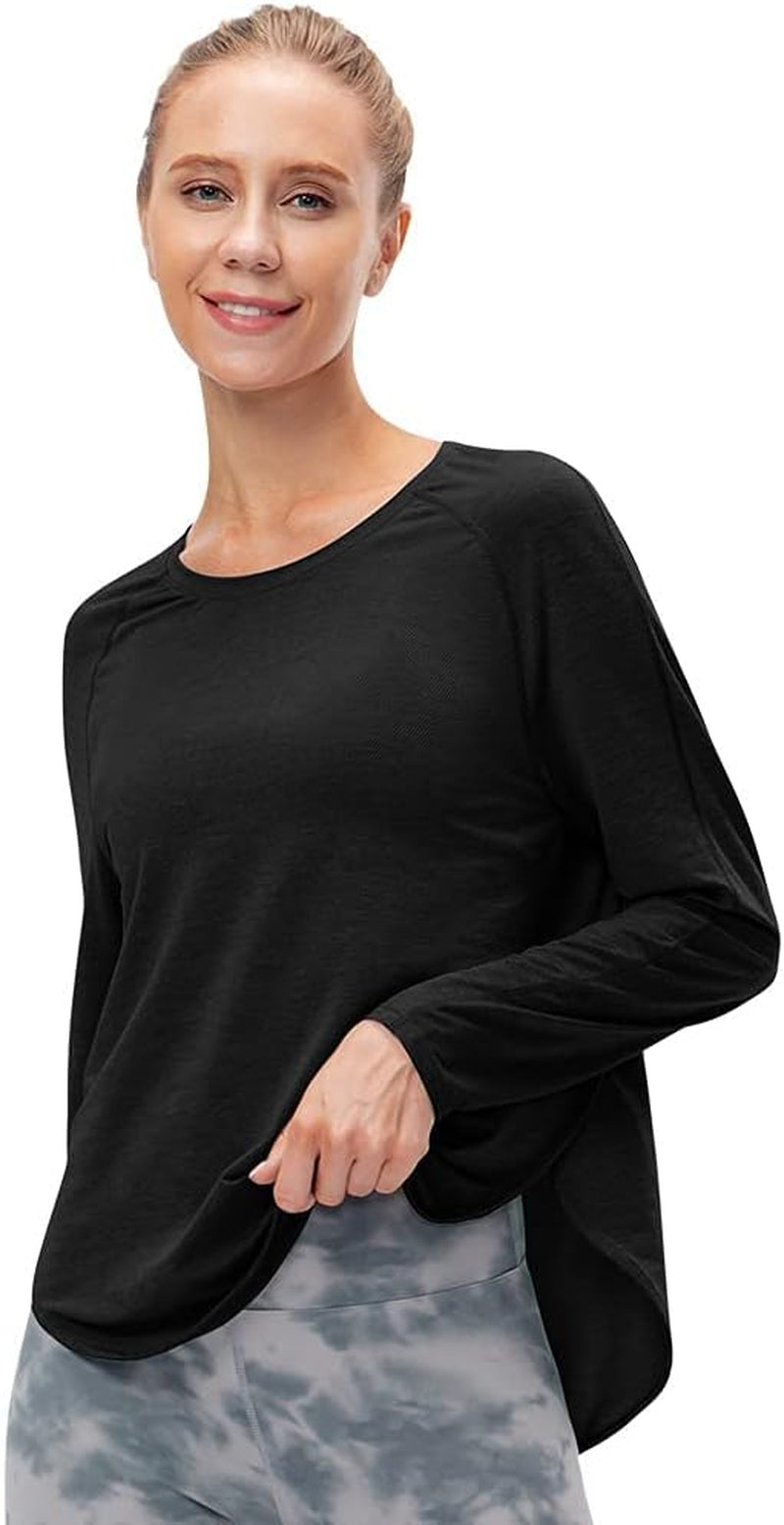 Womens Long Sleeve Workout T-Shirts, Loose Fit Yoga Side Split Curve Hem Running Athletic Lightweight Tops Black