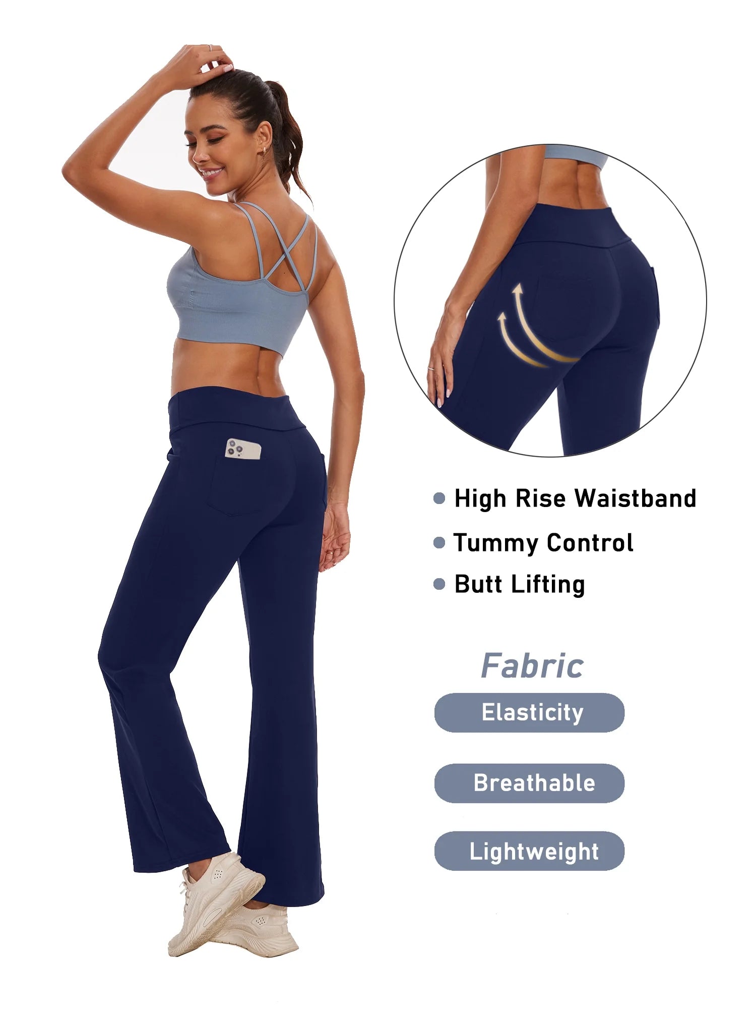 Women Bootcut Yoga Pants with Pockets Female High Waist Bootleg Trousers Workout Activewear Navy Blue M