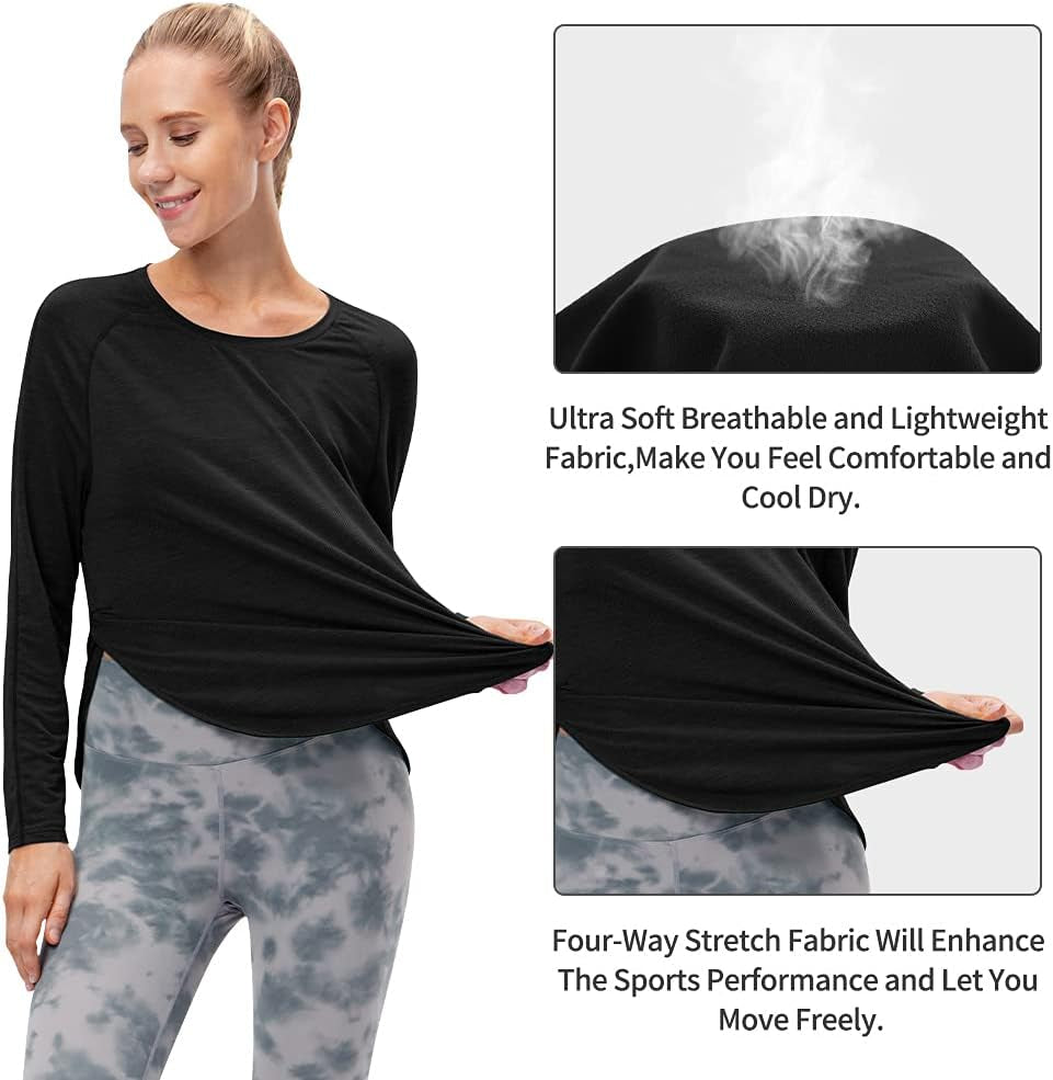 Womens Long Sleeve Workout T-Shirts, Loose Fit Yoga Side Split Curve Hem Running Athletic Lightweight Tops Black