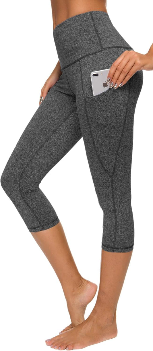 Women'S High Waisted Yoga Capris with Pockets Tummy Control Workout Sports Running Capri Leggings