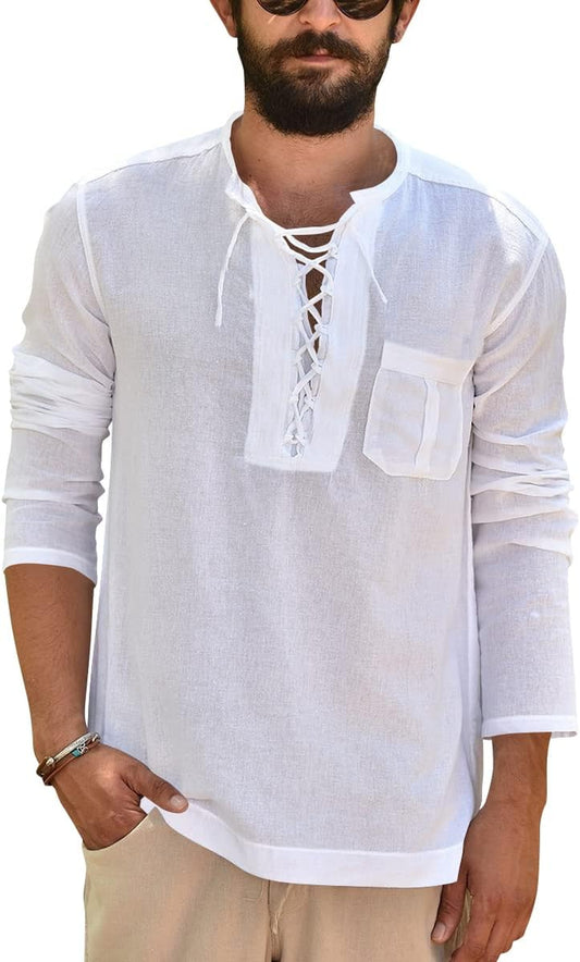 Mens Linen Cotton T Shirts Long Sleeve Casual Beach Hippie Yoga Tees Plain Drawstring Lace-Up Summer Tops White