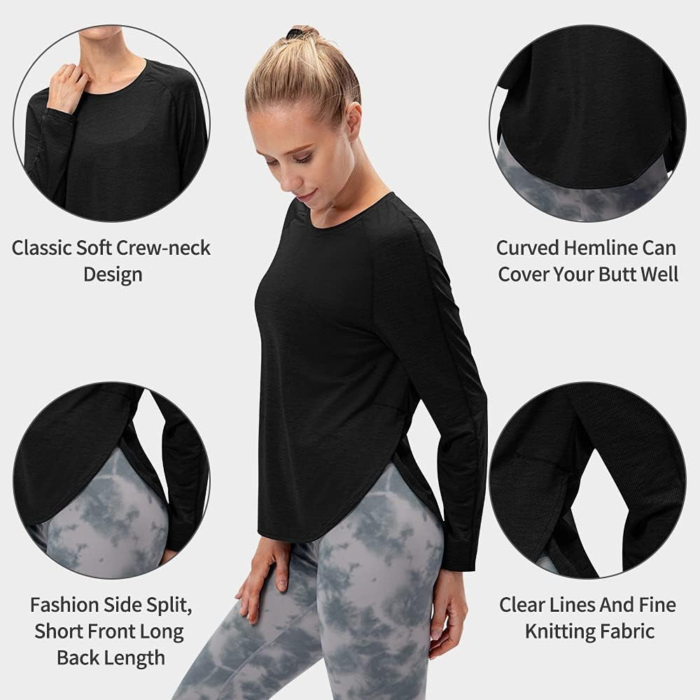 Womens Long Sleeve Workout T-Shirts, Loose Fit Yoga Side Split Curve Hem Running Athletic Lightweight Tops Black