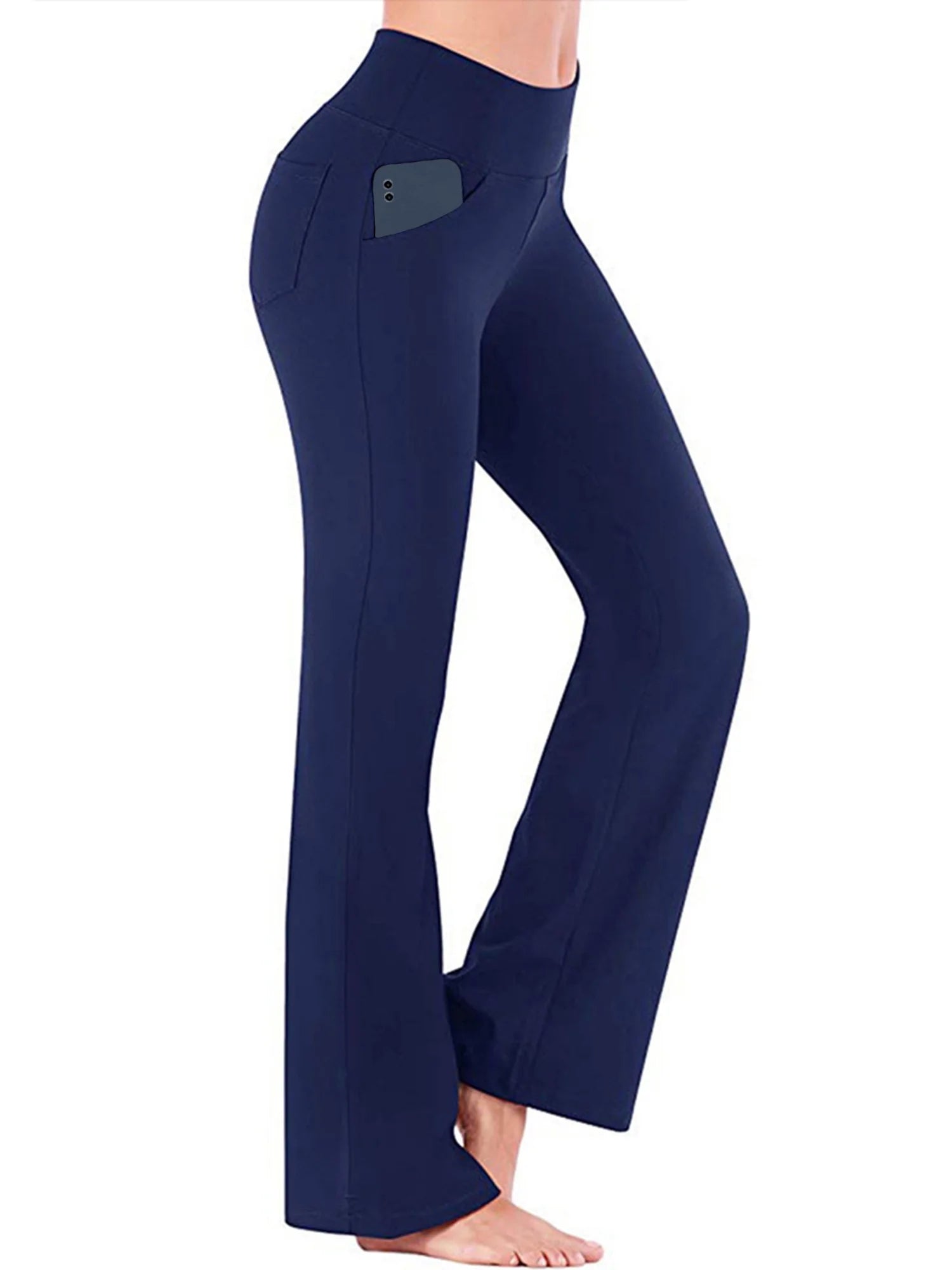 Women Bootcut Yoga Pants with Pockets Female High Waist Bootleg Trousers Workout Activewear Navy Blue M