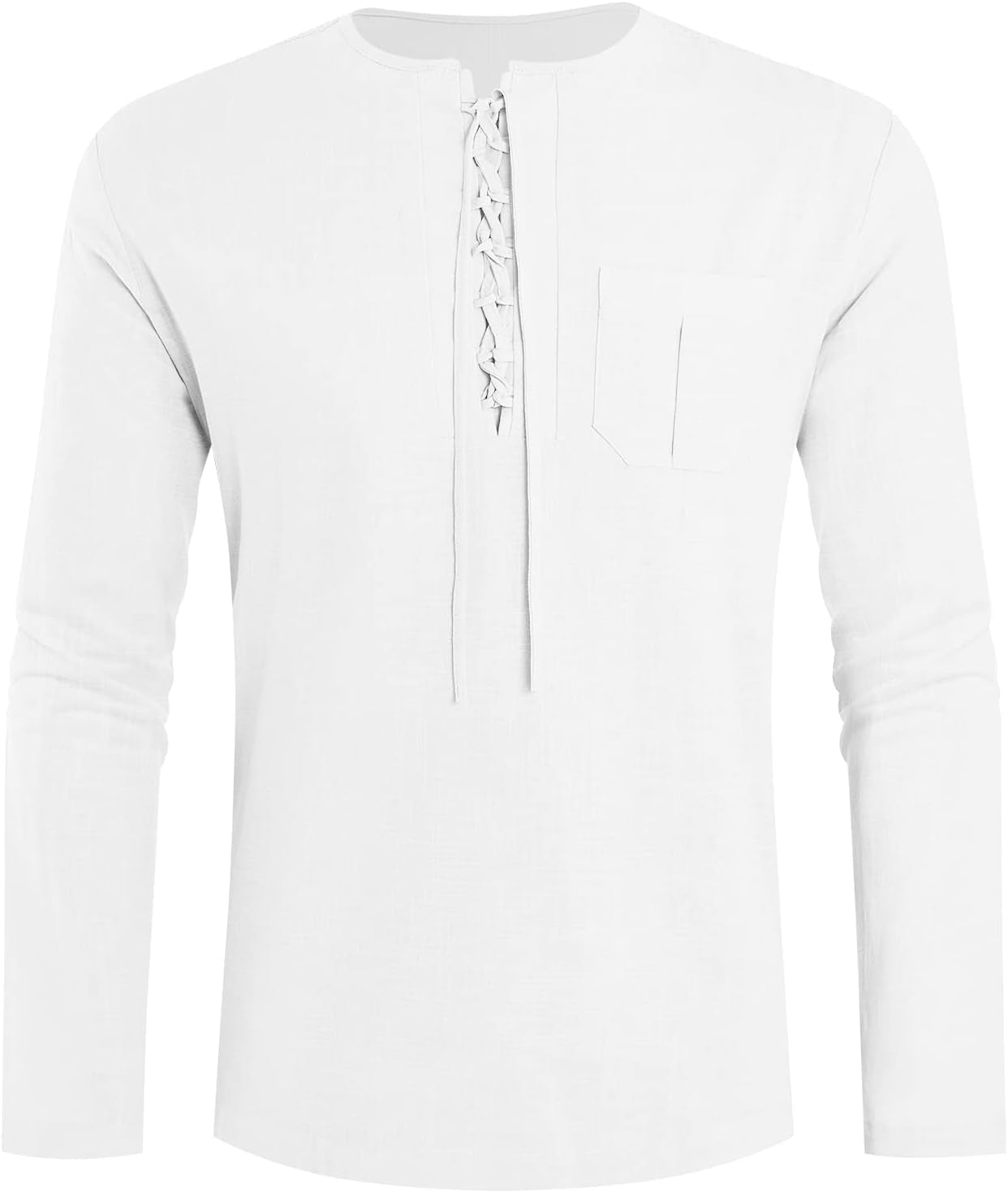 Mens Linen Cotton T Shirts Long Sleeve Casual Beach Hippie Yoga Tees Plain Drawstring Lace-Up Summer Tops White